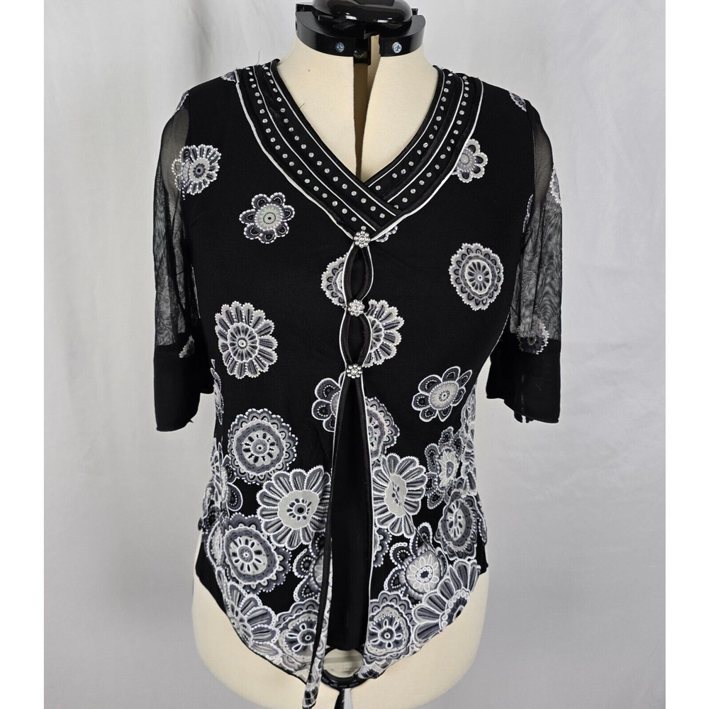 Design Works Blouse Women's M Black White Floral Buttons Half Sleeve